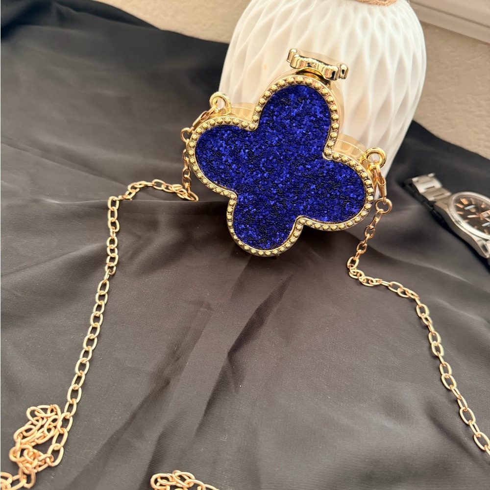 New Gold Chain evening Bag with Royal Blue Glitter Detail